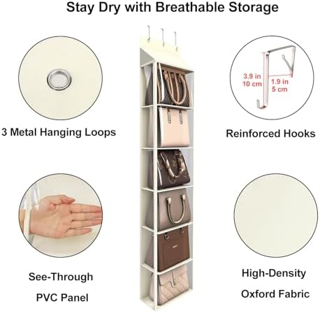 Lirex Over The Door Purse Organizer & Purse Shelf for Closet – Handbag Storage Organizer with Purse Hanger. Perfect for Scarves, Hats, and Leggings. L (15.7'' x 5.7'' x 68''), Cream White - Image 3