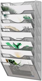 EasyPAG 8 Pocket Mesh Wall File Organizer, Hanging Paper Folder Holder with Classify Label, Vertical Wall Mount Mail Organizer for Office Home Classroom, Silver by EasyPAG