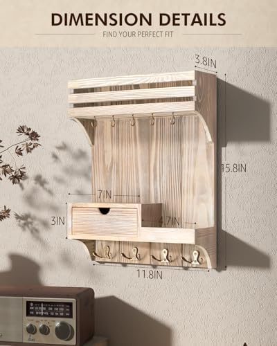 Rebee Vision Key Holder Wall Mount with Drawer for Entryway, Natural Wood - Image 6
