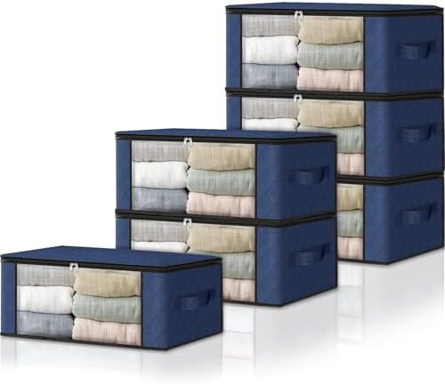 HomeHacks 6-Pack Clothes Organizer Storage Bags, 35L Storage Bins, Blue | Foldable Storage Box Container with Zippers, Clear Window, Reinforced Handles for Closet, Dorm, Pillows, Bedding, Sweater by HomeHacks