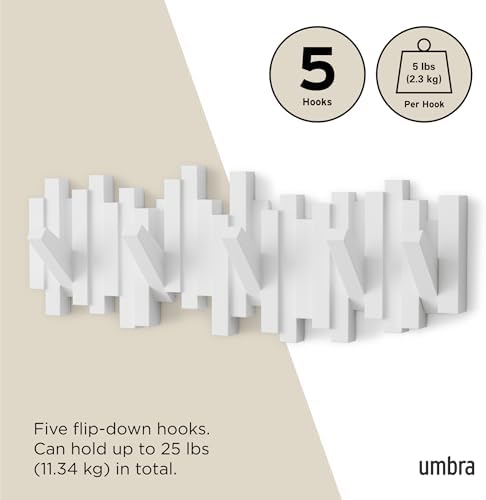 Umbra Sticks Wall Mount Coat Rack, 5 Hook Retractable Pegs, White - Image 5