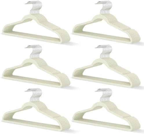 Ivory Velvet Hangers 60 Pack, Slim Space Saving Suit Hangers for Closet Organizer, Rotating Silver Hook, Non Slip Clothes Felt Hanger Heavy Duty for Coat,Shirt, Pants, Camisole, Dress by MLKJHHI