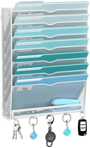 8-Tier Wall File Organizer and Mail Organizer with 5 Hooks, White by JMHUD