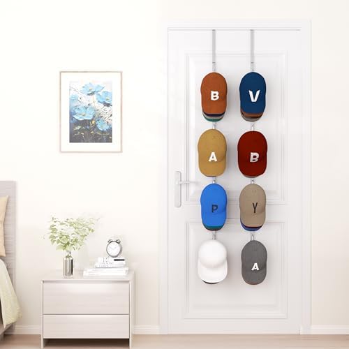 HapiRm Over Door Hat Rack - 2 Packs Hat Organizer with 8 Hooks Design, Hanging Baseball Cap Organizer Storage Holds Up to 40 Caps for Door, Bedroom, Closet (Sliver) - Image 3