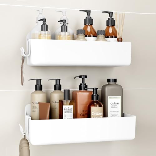Orimade Shower Caddy 2-Pack, No-Drill Adhesive Shelves with 4 Hooks for Bathroom, Rustproof ABS Plastic Storage Organizer Set, White by Orimade