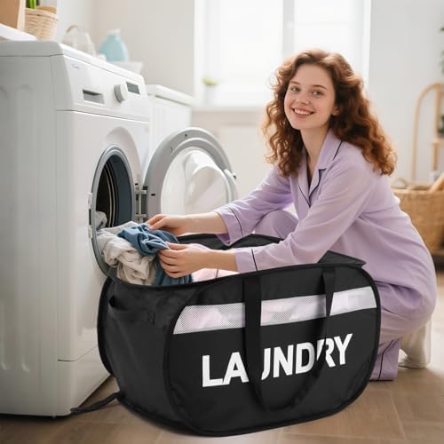 Collapsible Laundry Baskets, Tear-proof Dirty Clothes Hampers for Laundry, Foldable Laundry Basket with Dual Handles, Easy to Carry Pop Up Hamper for Bedroom, Bathroom, Dorm, Laundry Room Black - Image 2