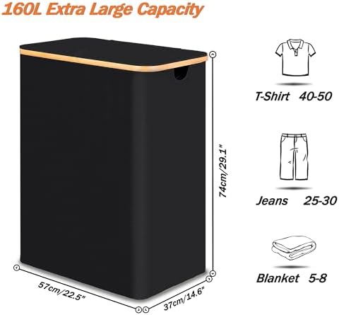 efluky Laundry Hamper 3 Section with lid and 3 Removable Bags, Black - Image 2