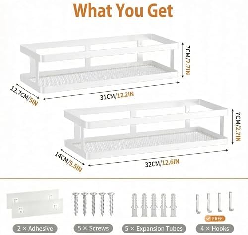 PUSDON 2-Pack Minimalist Shower Caddy Wall Mount, Open Frame Bathroom Shelf Organizer with Mesh Base, Rustproof Floating Spice Rack for Kitchen, Holds 50 LBS, 4 Hooks - White, Guardrail - Image 3