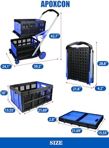 APOXCON Shopping Cart with 2 Storage Crates, Multi Use Two Tier Collapsible Cart with 360° Rolling Swivel Wheels Heavy Duty Folding Trolley for Shopping, Picnic and Office - Image 4