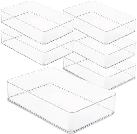 primebox Plastic Clear Drawer Organizers. Bathroom. Kitchen, Bedroom, Utensils, Office Organizer Bins, Storage Trays. Stackable. 9" x 6" x 2" Set of 6 by primebox