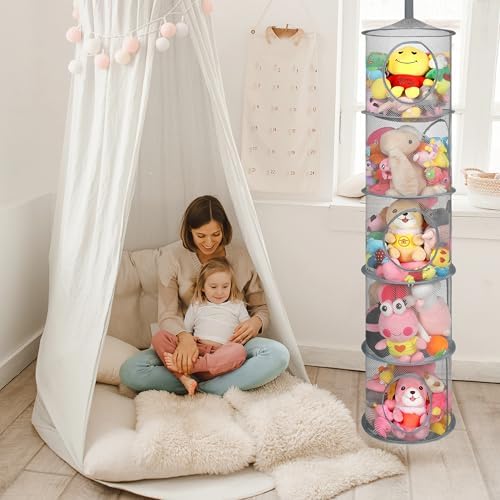 3Pcs Hanging Stuffed Animal Storage Hammock Net 5 Tiers, Grey - Image 2