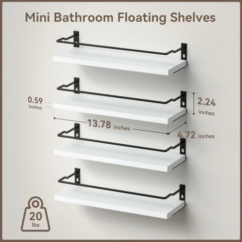 RICHER HOUSE White Bathroom Floating Wall Shelf Set of 4, Small Organizer Over Toilet Storage, Guard-Rail Kitchen Shelves - White - Image 3