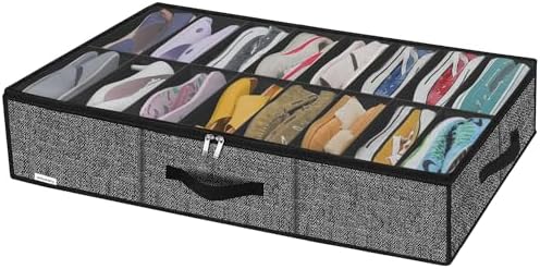 Onlyeasy Sturdy Under Bed Shoe Storage Organizer Fit 8 to 16 Pairs, Collapsible Closet Underbed Shoes Container Bags with Reinforced Handles, 37.7x23.6x5.9in, Linen-like Black, MXAUBS16P1 by Onlyeasy