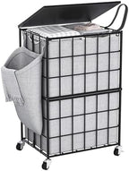 90L Laundry Basket with Wheels, Large Capacity Laundry Hamper with Removable Liner Bags, Heavy Duty Laundry Sorter with Solid Wood Lid & Leather Handles, Grey by Unknown