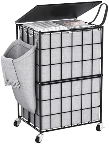 90L Laundry Basket with Wheels, Large Capacity Laundry Hamper with Removable Liner Bags, Heavy Duty Laundry Sorter with Solid Wood Lid & Leather Handles, Grey by Unknown