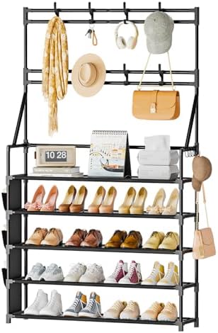 OYREL Shoe Rack, 5 Tier Shoes Storage Organizer with Hooks and Side Pocket by OYREL