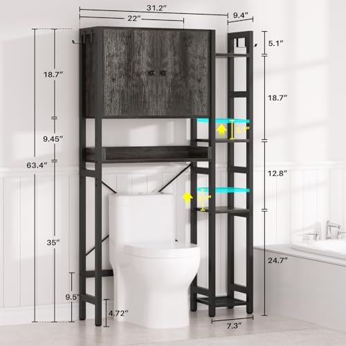 Over The Toilet Storage Cabinet with Doors - 7 Tier Bathroom Organizer with Adjustable Shelf, Freestanding Space Saver Rack Above Toilet Stand with 4 Hooks for Bathroom, Restroom, Laundry, Grey Oak - Image 3