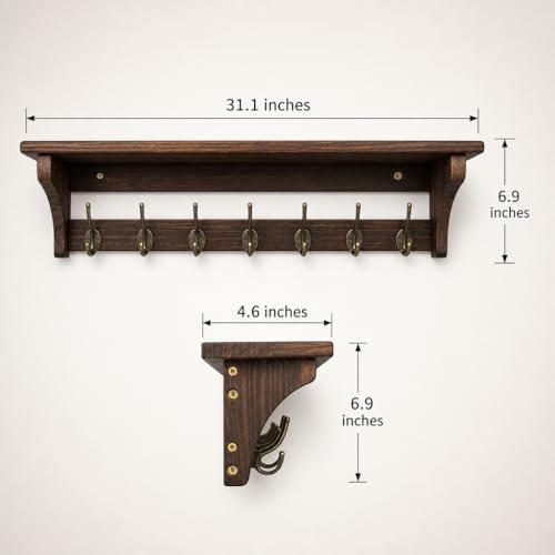 Wall Mounted Coat Rack with Shelf, Solid Wood & Bronze Metal Hooks – 31.1 Inch Entryway Organizer with 7 Hooks for Hanging Coats, Hats, Bags, Keys, Rustic Brown for Hallway，Bedroom（31.1 Inch） - Image 5