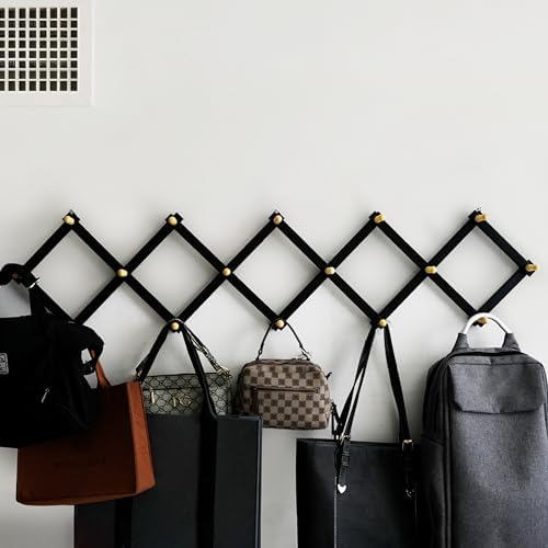 SKOLOO Accordion Wall Hanger with 16 Hooks, Modern Expandable Coat Rack Hat Rack for Wall, Solid Wooden, Natural on Black - Image 2