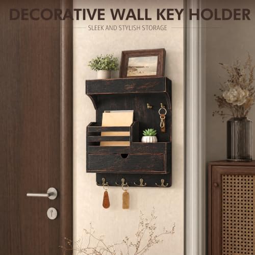 Rebee Vision Key Holder Wall Mount with Shelf for Entryway,Distressed Black - Image 6