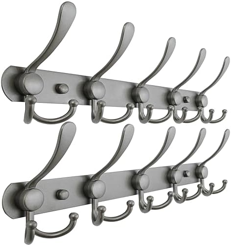 Dseap Coat Rack Wall Mounted - 5 Tri Hooks, Heavy Duty, Stainless Steel, Metal Coat Hook Rail for Coat Hat Towel Purse Robes Mudroom Bathroom Entryway (Grey, Pack of 2) by Dseap