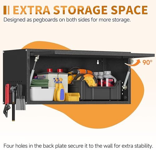 Metal Garage Wall Cabinet with Up-Flip Door,Wall-Mounted Steel Storage Cabinet, Float Tool Cabinet with Pegboard,Upper Cabinet for Kitchen,Garage,Workshop,Warehouse(13.8" H,Black) - Image 3
