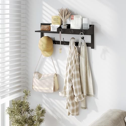 AMBIRD Wall Hooks with Shelf, 26.57 Inch Entryway Wood Coat Hooks for Wall, Coat Rack Wall Mount Rack with 5 Dual Hooks 3 Key Hooks Mail Organizer and Key Rack Key Holder (Black) - Image 3