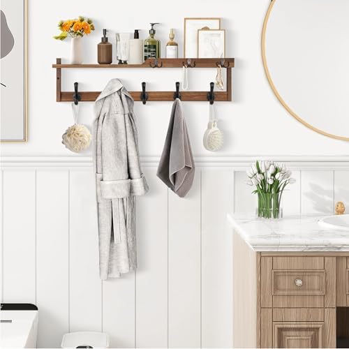 29'' Coat Rack Wall Mount with Shelf, Coat Hanger Wall Mount with Key Hooks and Mail Holder, Wood Entryway Floating Shelf with Hooks and Storage, Hat Rack for Wall Key Holder Mail Organizer - Image 4