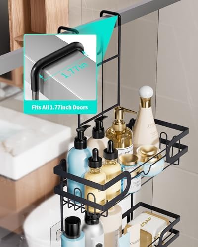 HapiRm Hanging Shower Caddy Over the Door with 14 Hooks and Soap Holder, No Drilling Adhesive Shower Storage, Rustproof & Waterproof Stainless Steel Bathroom Shelves - Black - Image 4