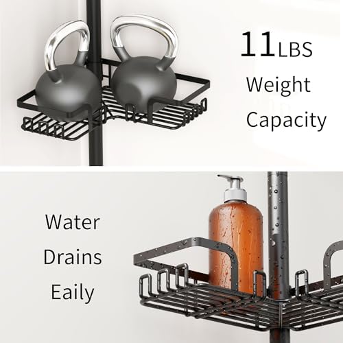 ZUNTO Tension Pole Shower Caddy Corner for Bathroom, Adjustable 25in-114in Floor to Ceiling, Standing Shower Tension Rod Organizer, 4 Tier Storage Shelves with Hooks, Black - Image 6
