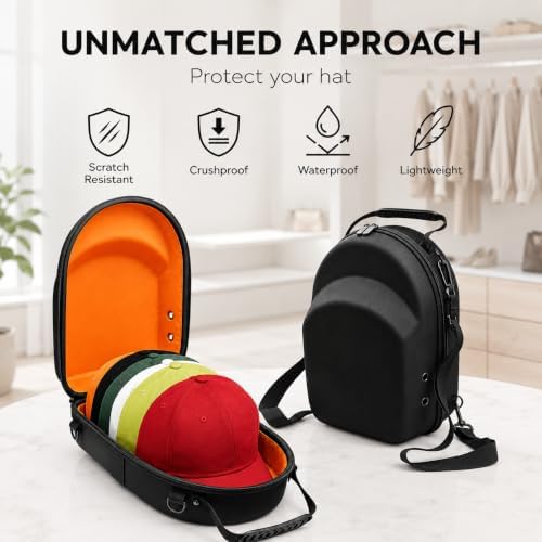 Hard Hat Travel Case for Baseball Caps 1 Piece Black With Orange - Hat Protector with Handle, Adjustable Shoulder Strap & Luggage Strap, Stores 6 Hats for Travel, Home, Gifts - Image 2
