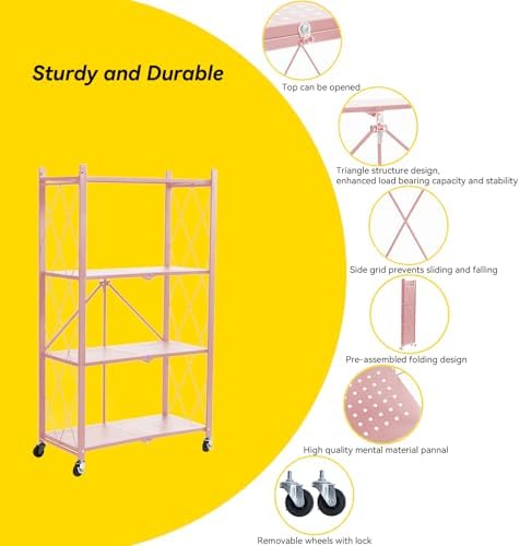 BRIAN & DANY 4-Tier Foldable Storage Shelves with Wheels, Folding Metal Rack Shelving Unit, Heavy Duty No Assembly Organizer Shelf for Garage, Kitchen, Basement, Pantry, Pink - Image 4