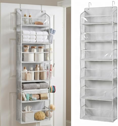 HOMELUX THEORY Over the Door Organizer, 6-Tier, 100D Fabric Transparent 1pc | Over the door shoe organizer, 50 lbs capacity, 12 side mesh pockets, 100D extra thick fabric, Closet & entryway storage by HomeluxTheory