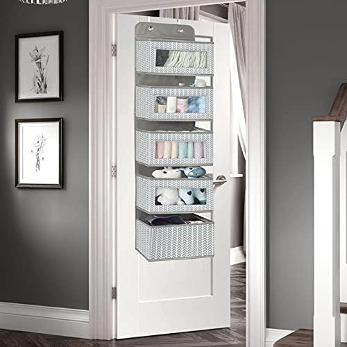 Over the Door Hanging Organizer with 5 Large Pockets - Wall Mount Pantry Storage with Clear PVC Window & 2 Big Metal Hooks for Closet,Bathroom,Nursery,Bedroom,Dorm,Baby Diapers,Kids Toys (Gray) - Image 3