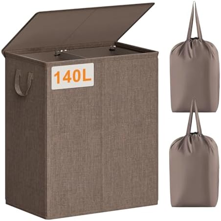 Chrislley Double Laundry Hamper with Lid, 140L Laundry Basket 2 Section by Chrislley