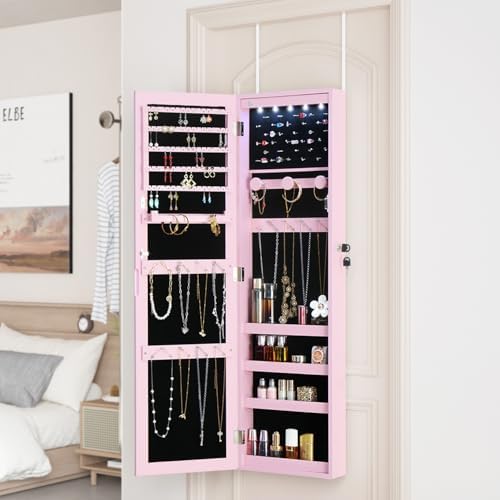 Full Length Mirror Jewelry Cabinet Organizer Lockable Door Wall-Mounted Jewelry Armoire with Shelves and Behind the Door Storage Pink - Image 5