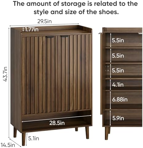 Smuxee Walnut Shoe Cabinet with Fluted Doors, 6-Tier Shoe Storage Cabinet with Adjustable Shelves, Freestanding Shoe Organizer Cabinet for Entryway, Hallway, Closet, Living Room - Image 2