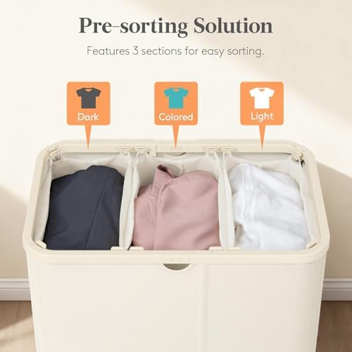 Lifewit 185L 3 Section Laundry Hamper with Lid, Laundry Basket, White - Image 3
