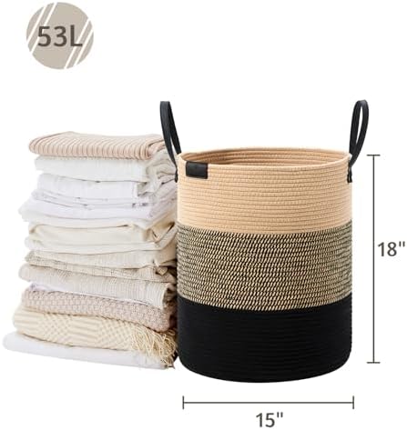 VIPOSCO 53L Tall Woven Rope Laundry Hamper, Leather Handles, Brown & Black - Image 5
