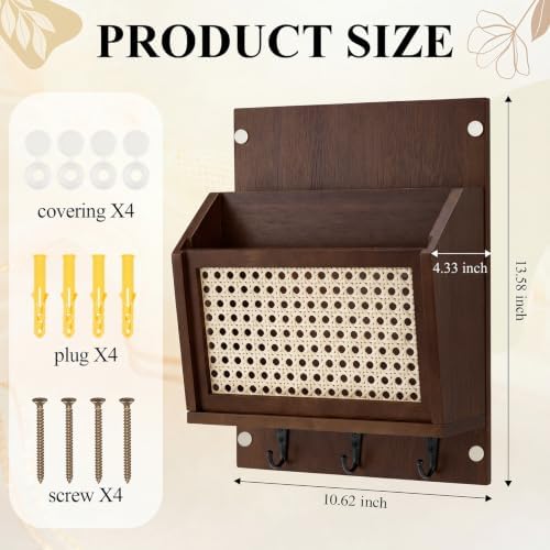 Rattan Mail and Key Holder Wall Mounted, Wood Magazine Mail Sorter Rack Wall Organizer with 2 Slots 3 Hooks for Coat, Dog Leash, Decorative Key Rack for Entryway,Living Room (Dark Brown) - Image 3