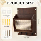 Rattan Mail and Key Holder Wall Mounted, Wood Magazine Mail Sorter Rack Wall Organizer with 2 Slots 3 Hooks for Coat, Dog Leash, Decorative Key Rack for Entryway,Living Room (Dark Brown) - Image 3