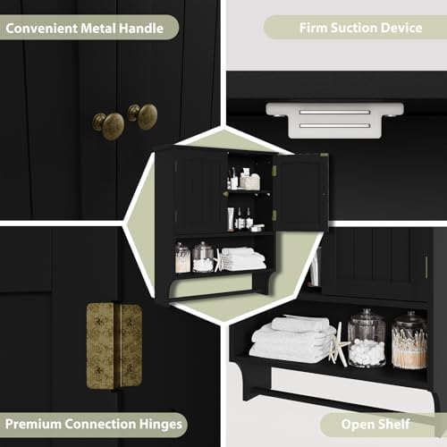 Smuxee Black Bathroom Cabinet Wall Mounted with Towels Bar, Medicine Cabinet with 2 Door Adjustable Shelves, Over Toilet Cabinet for Bathroom Laundry Room Kitchen - Image 5