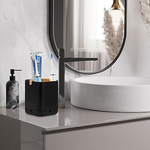 Boperzi Black Toothbrush Holders for Bathroom, Electric Toothbrush Holder with Bamboo Divider, Detachable Anti-Slip Toothbrush and Razor Holder Drainage for Shower, Toothbrush Organizer and Storage - Image 4