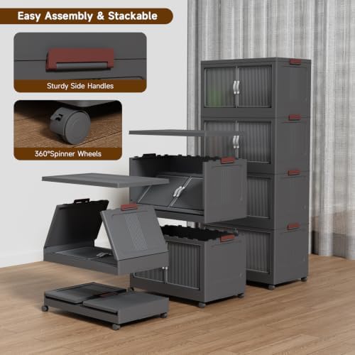 Collapsible Storage Bins with Lids and Front Doors, Heavy-Duty Stackable Plastic Organizers, Folding Utility Storage Boxes for Garage, Office, Pantry and Home (3, Dark Grey, 30 Gal/Rack) - Image 4