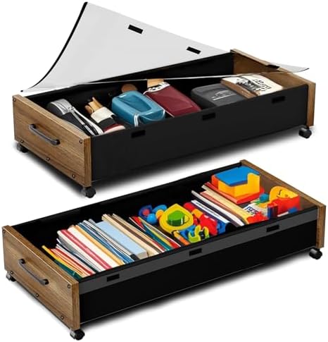 KITHELP Wooden Under Bed Storage with Wheels, 80L Extra-large Rolling Under the Bed Storage Bins 2 Pack with Removable Lid, Upgrade Metal Under Bed Drawers for Clothes Shoes Blankets in Bedroom by KITHELP