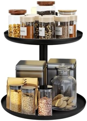 IBERG 2 Tier Lazy Susan Organizer, Rotating Spice Rack (Black) by IBERG