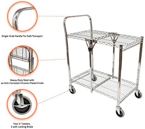 Luxor WSCC-2 Two-Shelf Collapsible Wire Utility Cart with Wheels, Push Heavy Duty,Holds 200 Pounds and Folds Up for Storage, 37"W x 18.25"D x 30.5"H - Image 6
