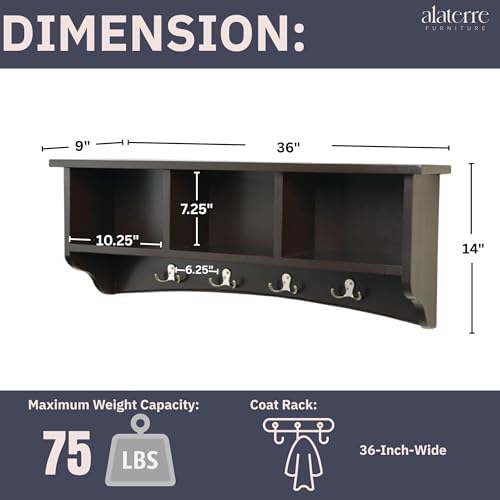 Shaker Cottage Wall-Mounted Coat Rack with 3 Storage Cubbies and Hooks – Hanging Wall Organizer for Entryway, Mudroom, or Hallway, Space-Saving Wall Shelf, 36" W x 9" D x 14" H (Chocolate Finish) - Image 3