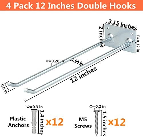 Wall Mounted Steel Long Handled Tools Storage Hooks, 12 Inch Steel Garage Utility Double Rack Organizing Ladders, Rakes, Hose, Shovel, Brooms, Max Capacity 55Lbs (Pack of 4) - Image 2