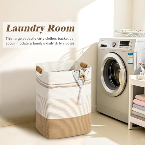 Laundry Hamper, 85L Tall Laundry Basket with Leather Handles, Rectangle Large Clothes Hamper for Organizing, Cotton Woven Laundry Baskets Storage Hampers for Bedroom, Nursery, Living Room - Image 4